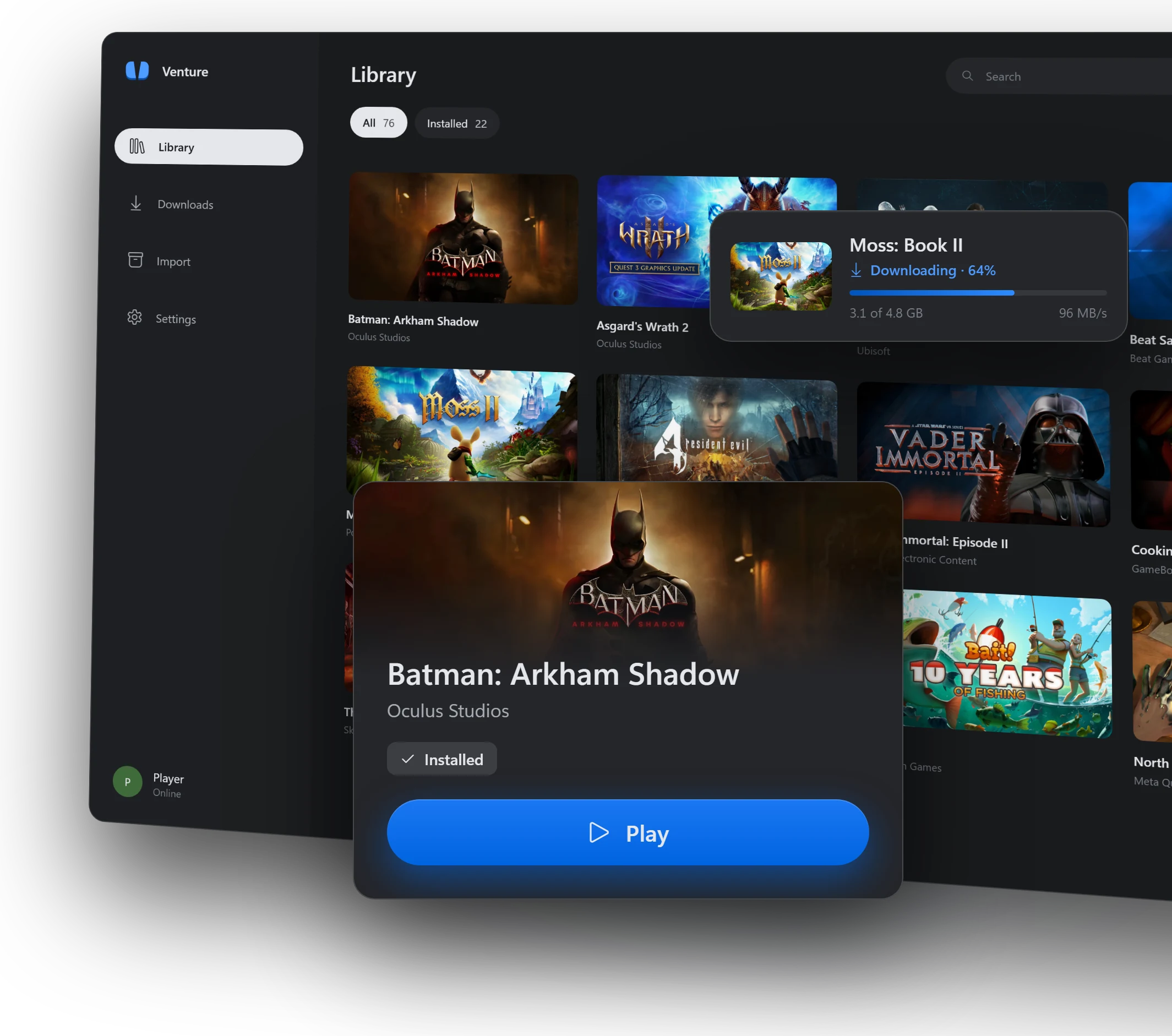 The Venture launcher: game library, a download in progress and Batman: Arkham Shadow ready to play